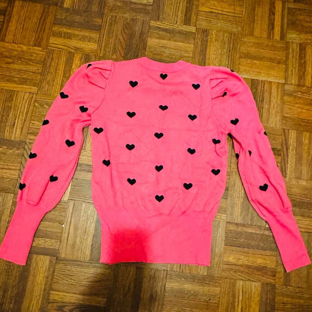 Gilli Hot Pink Puffy Shoulder Knit Sweater with Black Hearts